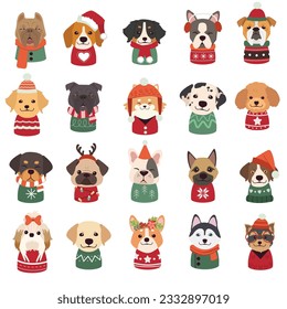 Cute Christmas Dog Vector Graphics set. Merry Christmas illustrations of cute pets with accessories like knitted hats, sweaters, scarfs, vector graphic elements