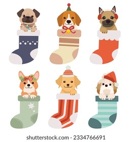 Cute Christmas Dog Vector Graphics set. Merry Christmas illustrations of cute pets with accessories like knitted hats, sweaters, scarfs, with sock