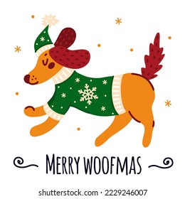 Cute Christmas dog in a warm sweater, hat. Running dachshund puppy in a jacket decorated with snowflakes. Merry woofmas. Bright animal isolated on white. Simple flat clipart for cards, posters, prints