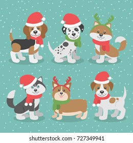 Cute christmas dogs in hats and scarfs illustration set. 