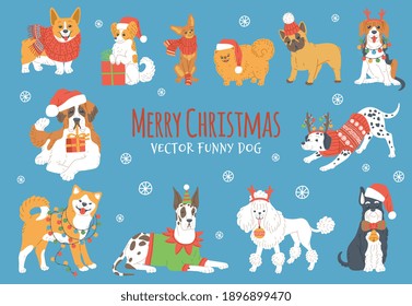 Cute christmas dogs on winter background. Set of funny puppies different breeds in santa hat, animals with garlands lights and gifts. Flat cartoon vector illustration with lettering