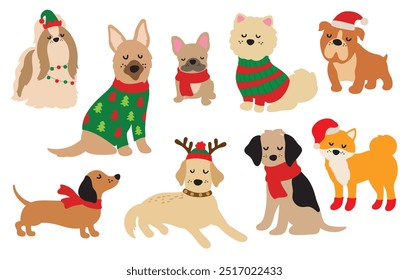 Cute Christmas dogs vector illustration.Festive dogs wearing Santa Claus hats, along with red and green holiday sweaters and scarves.