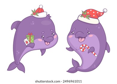 Cute Christmas dolphins in Santa hat with gift and striped candy cane. Isolated New Year underwater holiday cartoon kawaii character animals. Vector illustration. Kids collection.