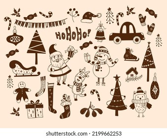 Cute Christmas doodle. Characters old man Santa Claus with gift, snowman, an owl and deer, car, sleigh, skates and Christmas tree and toys mistletoe and knitted sock with gloves. Vector hand drawing.