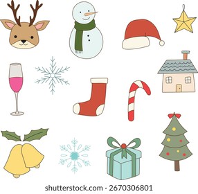 Cute christmas doodle illustration vector collection set. Sticker of xmas clipart cartoon like snowman, deer, bell, present for decoration, scrap book, design, book