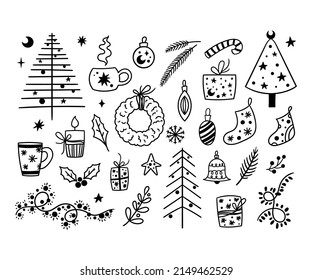 Cute Christmas doodle isolated clip arts bundle, Christmas tree, wreath, gifts, garland, hot drink and snowflakes items on white background, hand drawn vector New year set