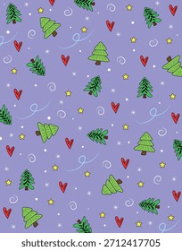 Bonito padrão de doodle de Natal com árvores corações e estrelas