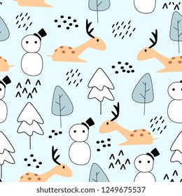 Cute christmas doodle seamless pattern colorful background vector illustration for kids, children, and baby holiday fashion textile print.