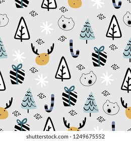 Cute christmas doodle seamless pattern colorful background vector illustration for kids, children, and baby holiday fashion textile print.