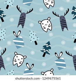 Cute christmas doodle seamless pattern colorful background vector illustration for kids, children, and baby holiday fashion textile print.