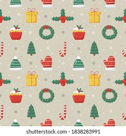 lindo doodle de navidad sin fisuras en fondo gris. Ilustración vectorial.