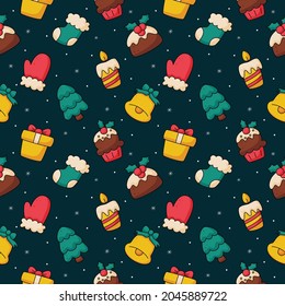 cute christmas doodle seamless pattern on blue background. vector Illustration.