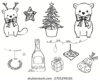 Conjunto de Doodle de Navidades lindas - oso, reno, árbol, regalo, adornos Festiva Elementos