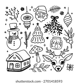 Lindo conjunto de Navidades doodle, ciervo, muñeco de nieve, casa de jengibre. Vector Navidades arte de línea