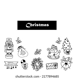 Cute christmas doodle set with fir tree, lights, toys, balls, lollipop, sweets, gift box and snowflakes. Hand drawn winter vector illustration for seasonal design.