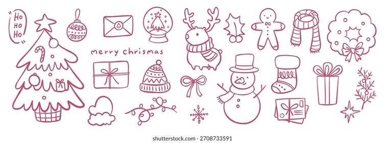 Bonito Natal Doodle Vetor Ilustração Conjunto Desenhado à Mão Contorno Mínimo Natal Clipart Simples Linha Arte Coleção para Cartão Convite Fundo e Padrão Design