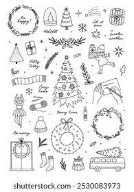 Cute Christmas doodles on white background. Hand drawn Christmas illustrations. Vector Christmas clipart