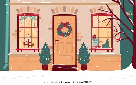 Cute Christmas door with two windows decorated with lights and fir branches, with pile of gift boxes, cat and candlestick. Snowfall, warm Christmas atmosphere. Cozy winter. Vector illustration