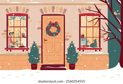 Cute Christmas door with two windows decorated with lights and fir branches, with pile of gift boxes, cat and couple drinking coffee. Snowfall, Christmas atmosphere. Cozy winter. Vector illustration