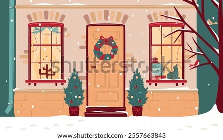Cute Christmas door with two windows decorated with lights and fir branches, with pile of gift boxes, cat and candlestick. Snowfall, warm Christmas atmosphere. Cozy winter. Vector illustration