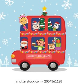 Cute Christmas double decker bus with Santa Claus and animals. Flat vector cartoon design