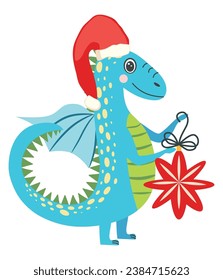 Cute christmas dragon in santa hat. Year of the Dragon 2024, Chinese calendar.