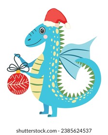 Cute christmas dragon in santa hat. Year of the Dragon 2024, Chinese calendar.