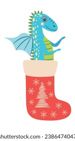 Cute christmas dragon in santa hat. Year of the Dragon 2024, Chinese calendar.