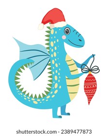 Cute christmas dragon in santa hat. Year of the Dragon 2024, Chinese calendar.