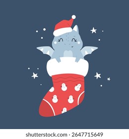 Cute Christmas Dragon Sitting in a Holiday Stocking. Festive Greeting Card, Illustration.