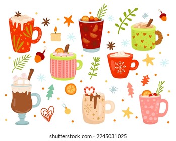 Cute Christmas drinks, cute cups, xmas food. Winter new year mug with coffee, hot chocolate, tea leaves. Warm cozy beverage with marshmallow and cinnamon, vector illustration nowaday set