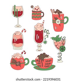 Cute Christmas drinks greeting collection. Elegant cartoon style xmas cocktails set. Festive seasonal vector illustrations with coffee mug, cocoa, wine, glass, cup