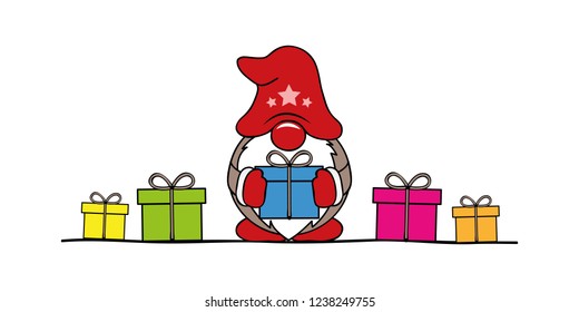 cute christmas dwarf cartoon with colorful gifts vector illustration EPS10