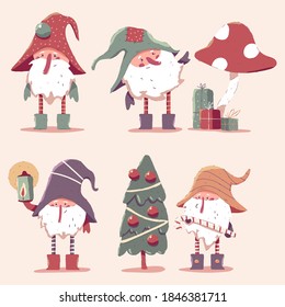 Cute Christmas dwarf vector cartoon characters set isolated on background.