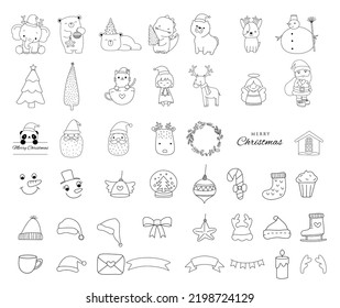 Esbozo de paquete de dibujos animados de elementos de Navidad, dibujado a mano, para Navidad, niños, animales de bebé, ilustración de tarjeta.vector