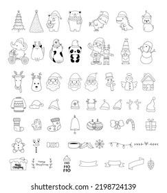 Cute Christmas element cartoon bundle outline,hand drawn, for Christmas ,kids,baby animal characters, card.vector illustration