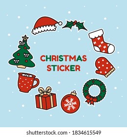 Cute Christmas element sticker set collection. Winter holiday object clip art. Santa hat. Flat style vector isolated.