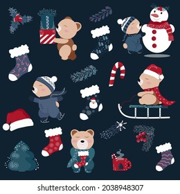 Cute Christmas elements bear sculpts a snowman, bear rides on a sleigh, Christmas socks and much more! Vector elements for design