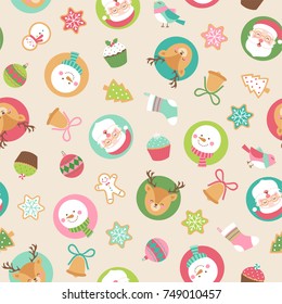 Cute christmas elements and cartoon character seamless pattern background