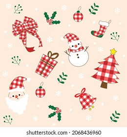Cute Christmas elements cartoon collection Christmas bow, snowman, Santa, gift box, Christmas tree, bell, sock, holy leaves with red and white checkered pattern. Vector illustration.