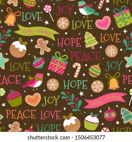 Cute christmas elements and fun typography seamless pattern background
