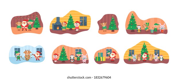 Cute Christmas elements, Santa, Snowman, gifts, snowflakes, bears, penguins, cow, tree. Collection of cute Christmas characters for graphic and web design. Vector illustration in flat style.