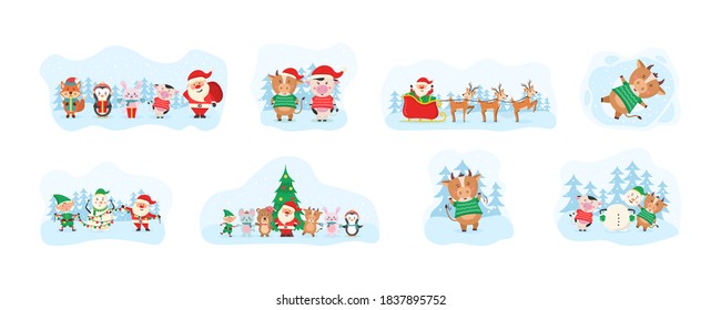 Cute Christmas elements, santa, snowman, gifts, snowflakes, bears, penguins, tree, animals and cow. Cute forest animals and Santa Claus for Christmas holidays. Wildlife cartoon character set. Vector.