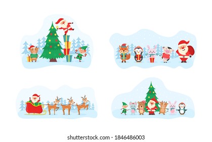 Elementos de Navidad, santa, muñeco de nieve, regalos, copos de nieve, osos, pingüinos, árboles, animales y vacas. Animales de la selva y Santa Claus para las vacaciones de Navidad. Juego de personajes de dibujos animados sobre la vida silvestre. Vector.