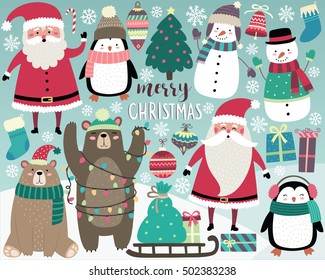 Cute Christmas Elements, Santa, Snowman, Presents, Snowflakes, Bears, Penguins, Christmas Tree, and More!