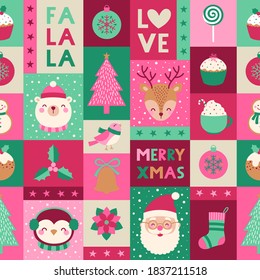 Cute christmas elements seamless grid pattern.