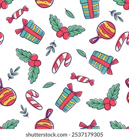 Lindos Elementos de Navidad en patrón sin fisuras. Doodle Dibujo de Navidad