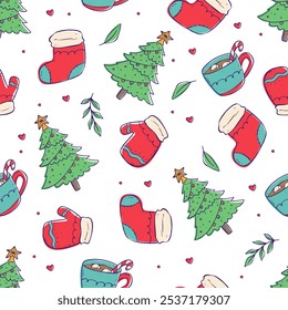 cute christmas elements in seamless pattern. doodle christmas drawing