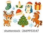 Cute Christmas elements set with animals gifts and tree