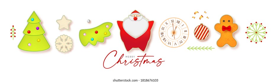 Cute Christmas elements set with Santa Claus, fir tree, clock, gingerbread man, garland and toys.